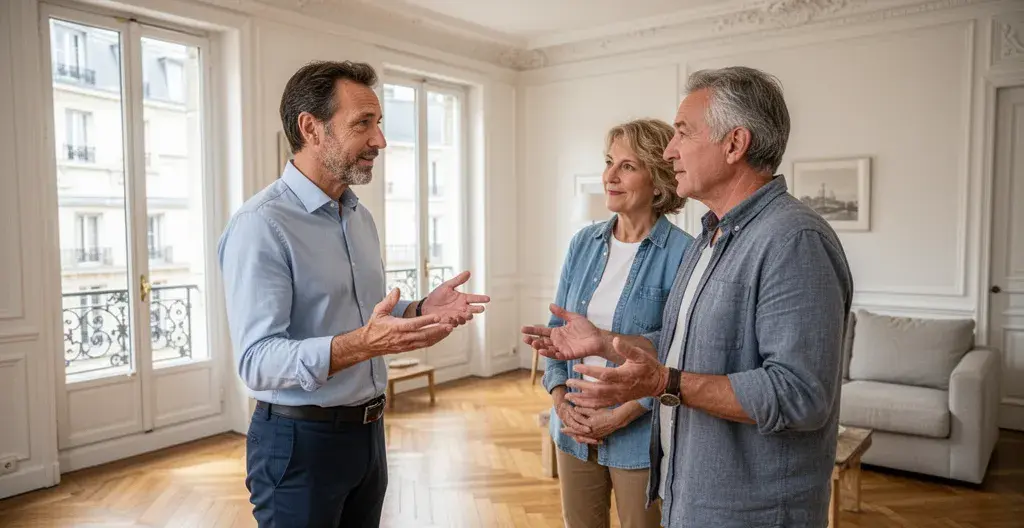 Conseiller immobilier expliquant une estimation à des propriétaires dans un appartement parisien lumineux