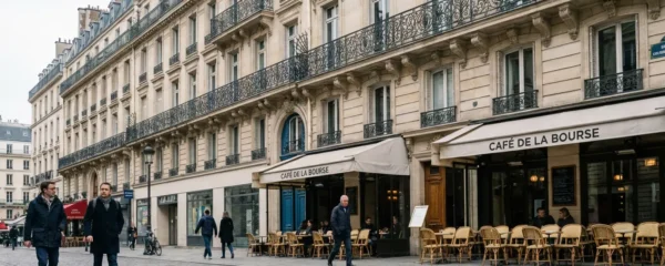 Immeuble haussmannien typique du Paris 2e arrondissement avec balcons en fer forgé et terrasse de café