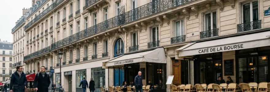 Immeuble haussmannien typique du Paris 2e arrondissement avec balcons en fer forgé et terrasse de café