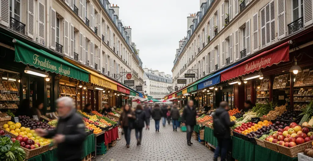 Rue Montorgueil avec ses commerces de bouche et son ambiance de village parisien