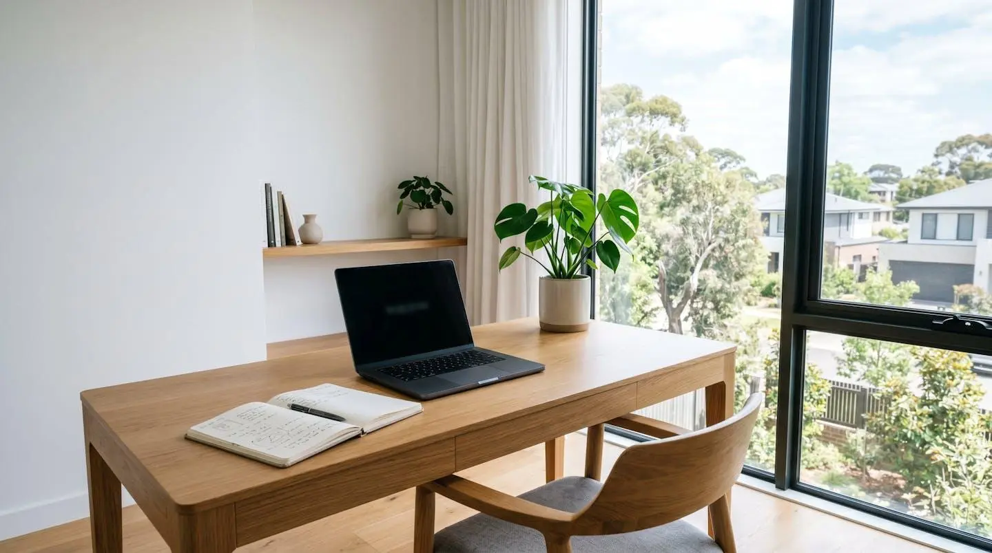 Bureau minimaliste avec ordinateur portable, documents et plante verte dans un espace lumineux