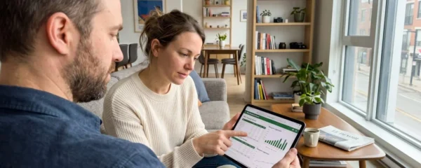 Un couple de trentenaires consulte attentivement une tablette ensemble dans un salon moderne et lumineux