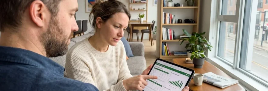 Un couple de trentenaires consulte attentivement une tablette ensemble dans un salon moderne et lumineux