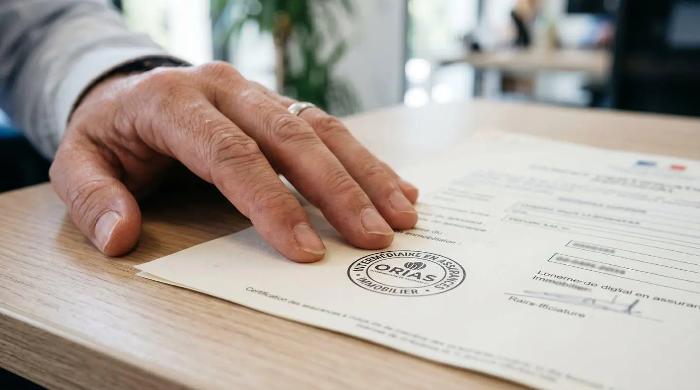 Une main posée sur un document officiel avec un tampon de certification visible, photographié sur un bureau épuré