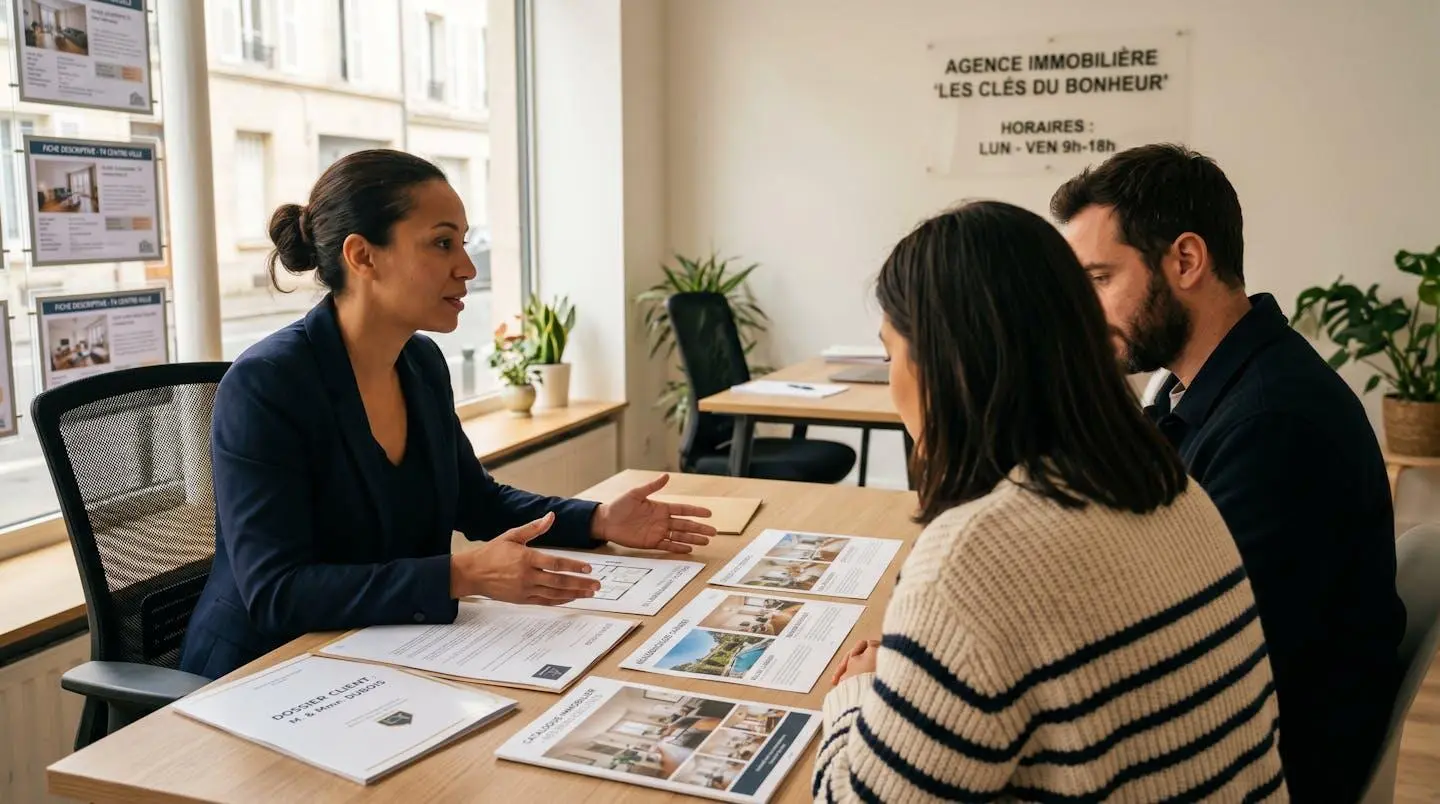 Scène de consultation dans une agence immobilière locale : professionnel et clients examinant ensemble des documents immobiliers (plans, photos) sur un bureau, illustrant l'accompagnement personnalisé du projet
