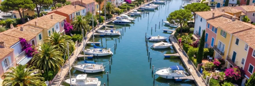Vue aérienne des maisons colorées bordant les canaux de Port Grimaud sous le soleil méditerranéen