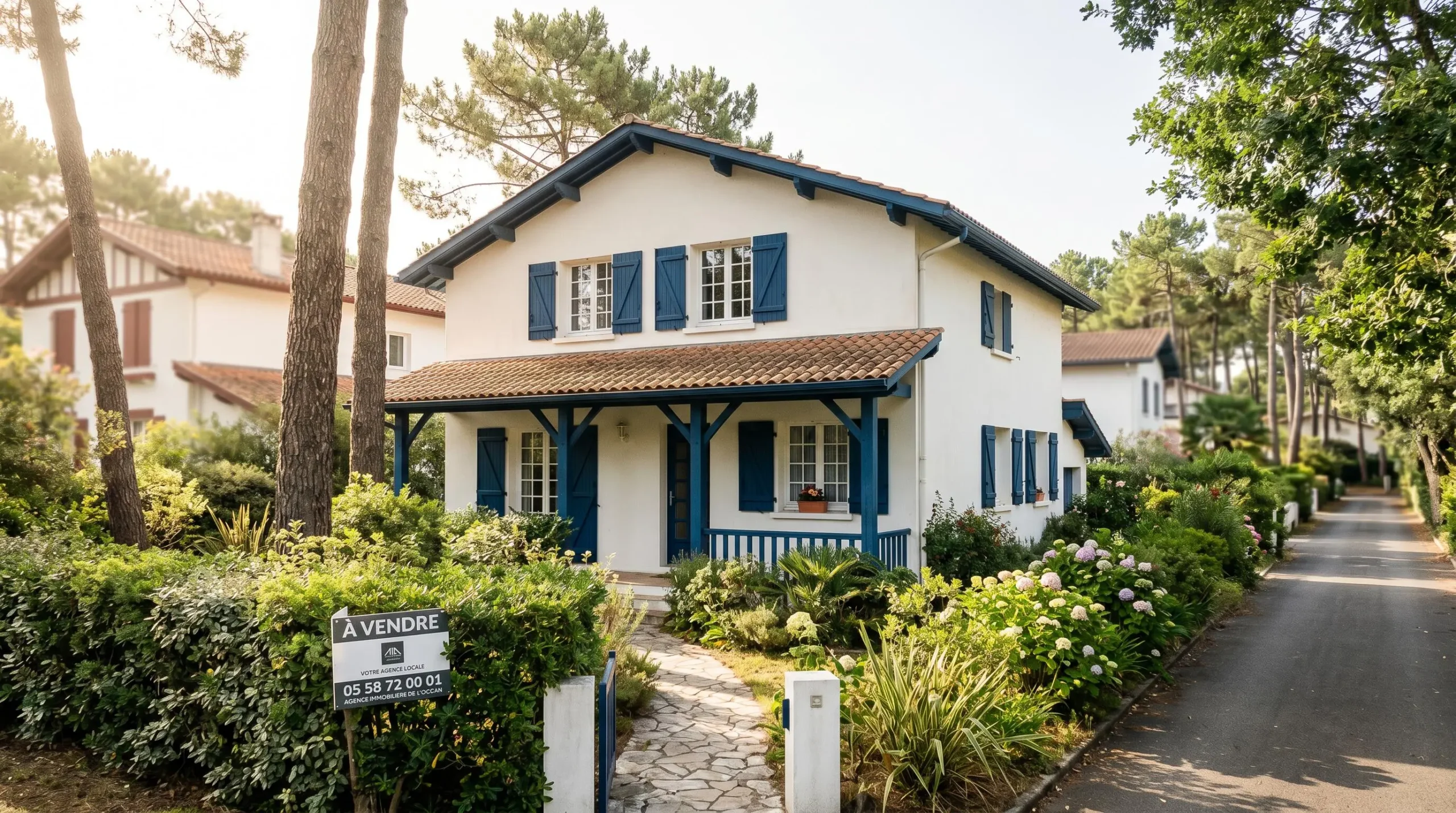 Façade d'une villa balnéaire typique d'Hossegor avec volets colorés et jardin arboré, panneau à vendre visible, illustrant les biens recherchés du marché immobilier côtier landais
