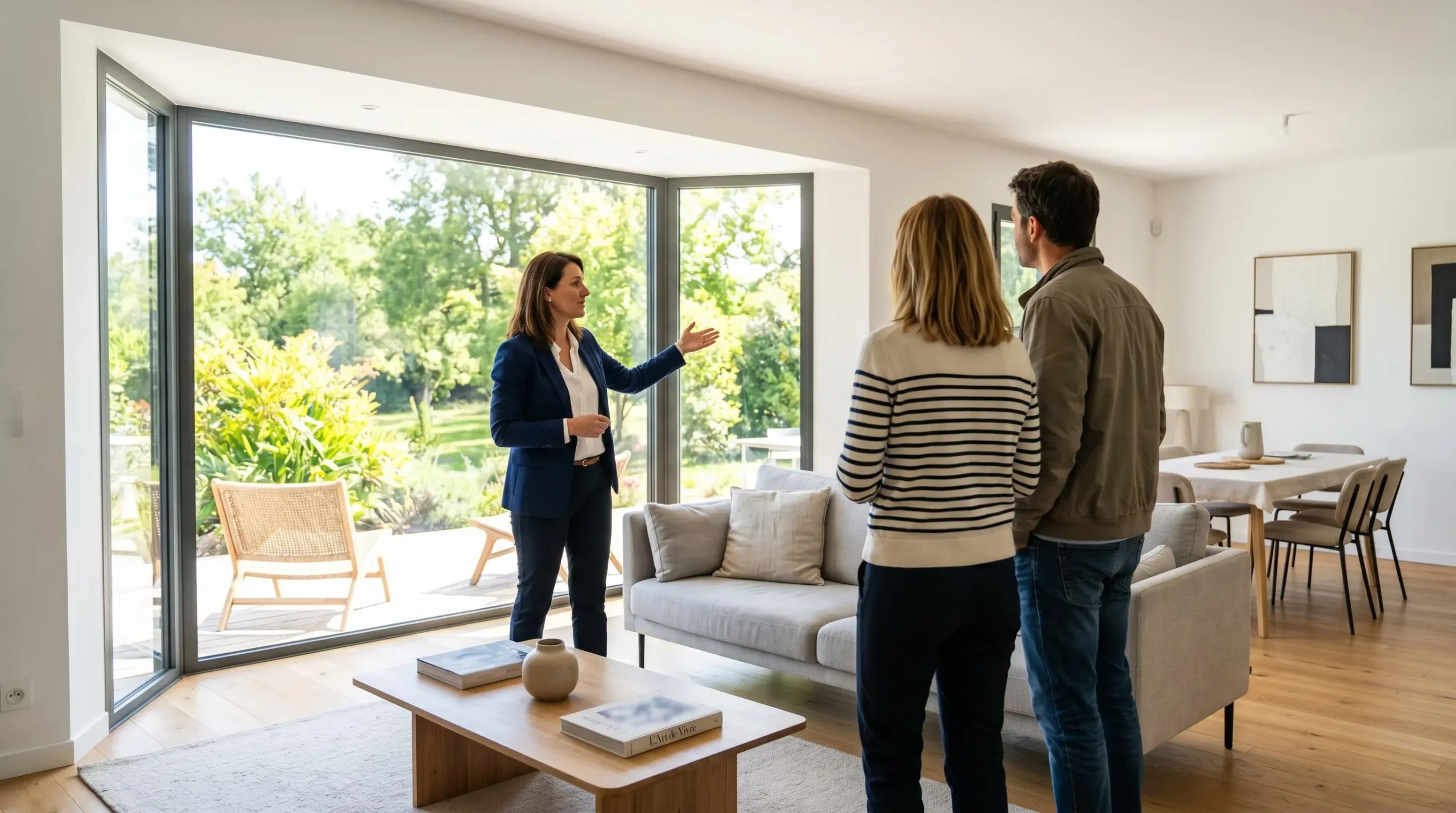 Agent immobilier présentant un bien lumineux avec baie vitrée à des visiteurs lors d'une visite, illustrant l'étape concrète d'accompagnement dans le parcours d'achat immobilier
