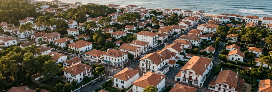 Vue aérienne du centre d'Hossegor avec ses villas balnéaires à toits rouges, pins maritimes et l'océan Atlantique en arrière-plan, illustrant la densité urbaine et l'attractivité du marché immobilier côtier landais